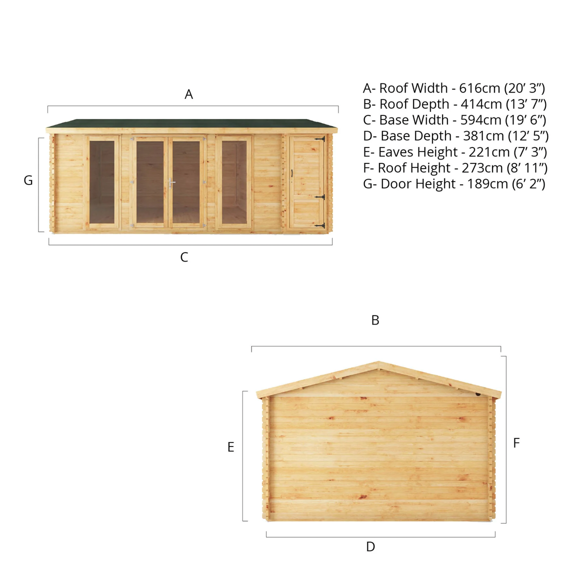 6.1m x 4m Home Office Studio Log Cabin with Side Shed - 44mm - Ornate Outbuildings