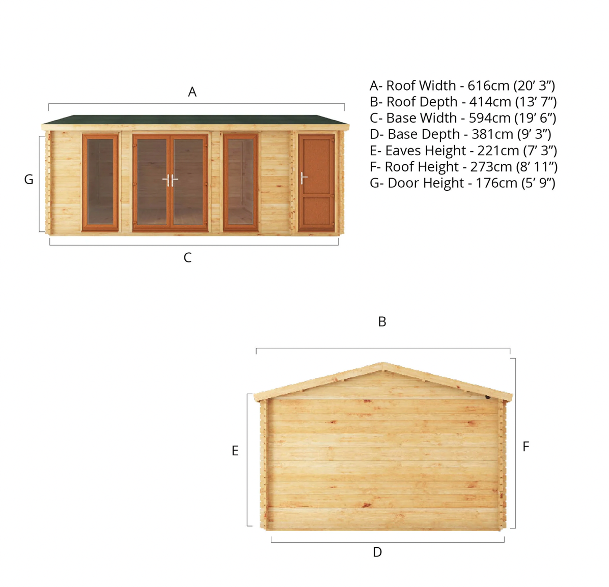 6.1m x 4m Home Office Studio Log Cabin with Side Shed - UPVC Oak - Ornate Outbuildings