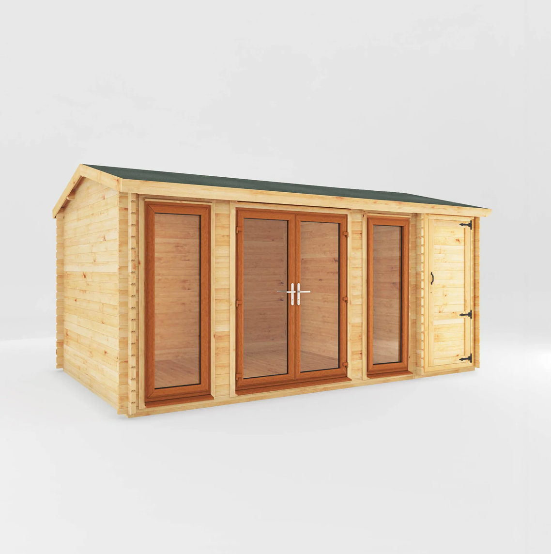 5.1m x 3m Home Office Studio Log Cabin with Side Shed - UPVC Oak - Ornate Outbuildings 