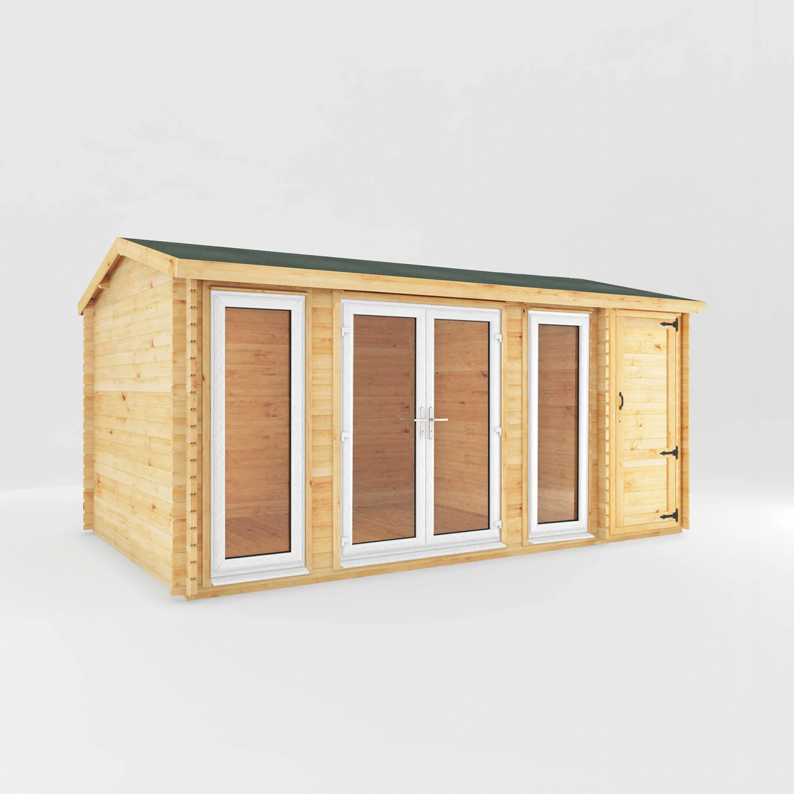 5.1m x 3m Home Office Studio Log Cabin with Side Shed - UPVC White - Ornate Outbuildings 