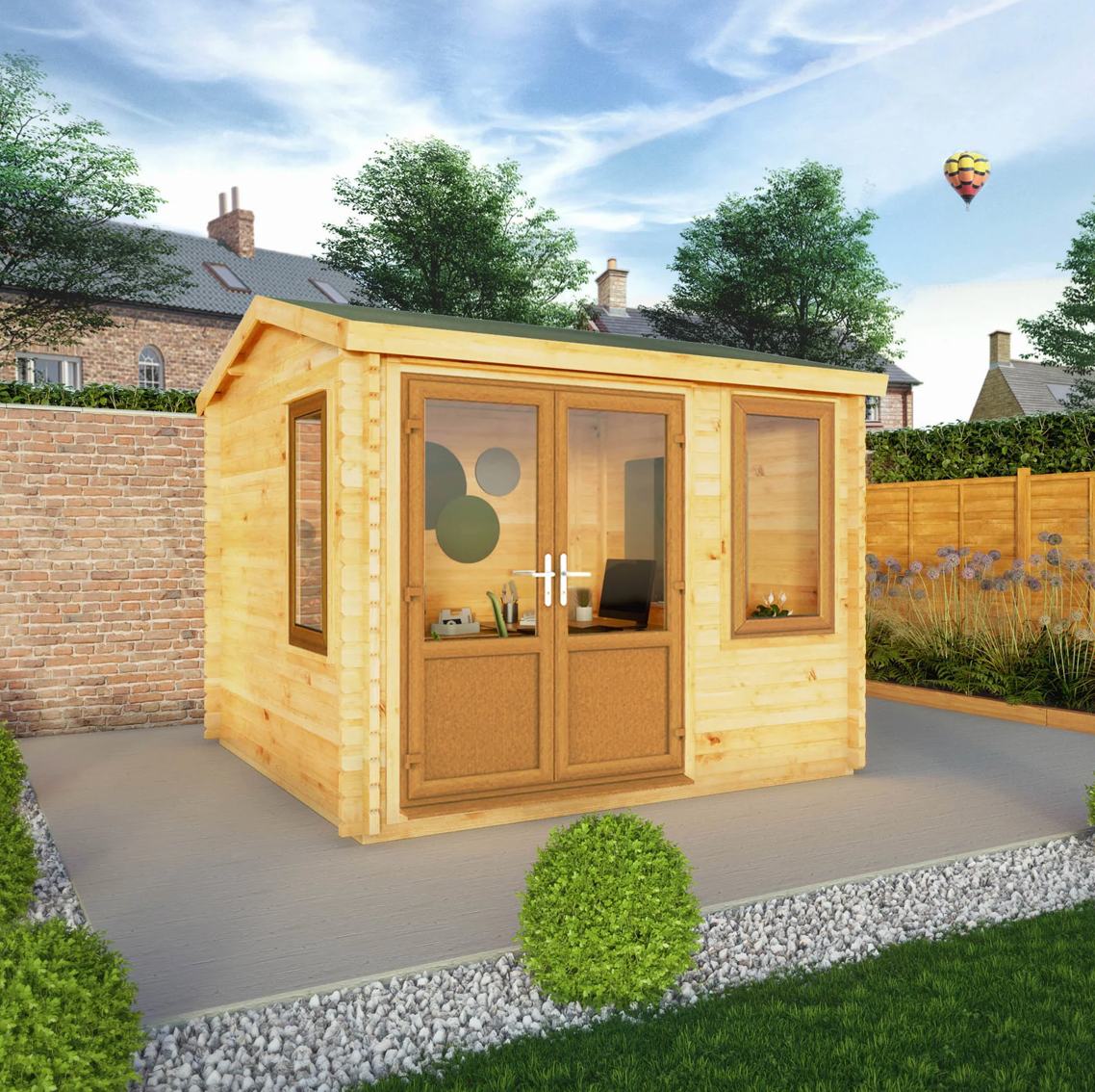 3m x 3m Home Office Elite Log Cabin - UPVC Oak - Ornate Outbuildings 