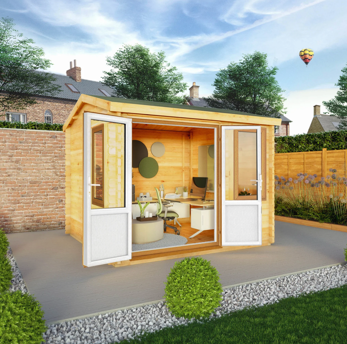 3m x 3m Home Office Elite Log Cabin - UPVC Oak - Ornate Outbuildings 