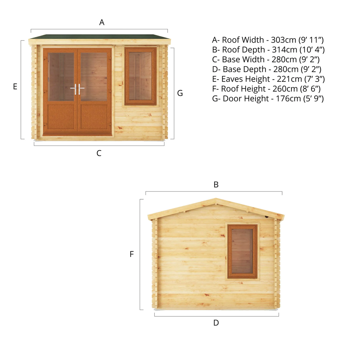 3m x 3m Home Office Elite Log Cabin - UPVC Oak - Ornate Outbuildings 