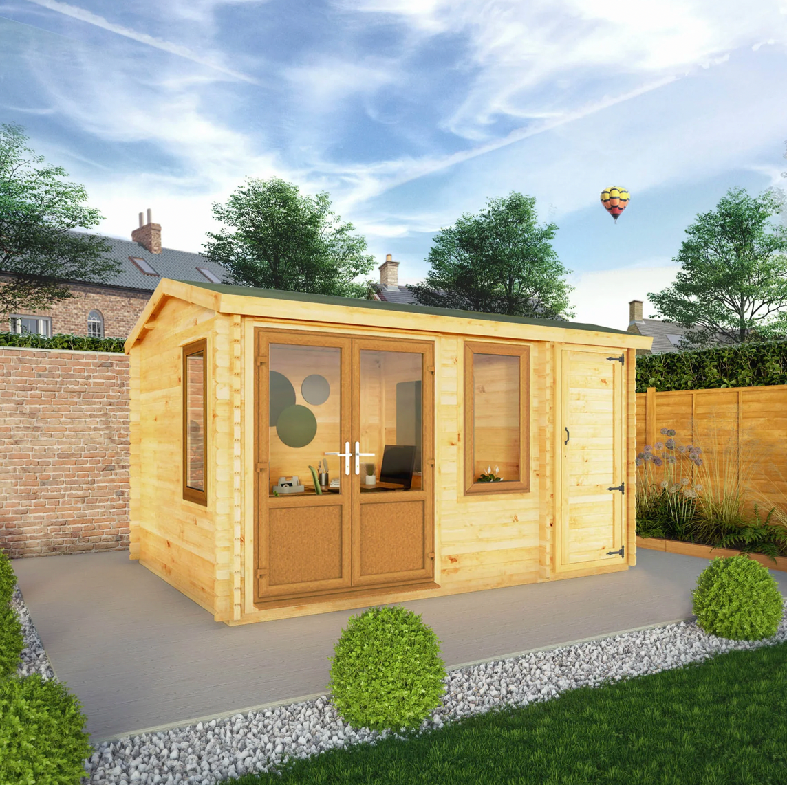 4.1m x 3m Home Office Elite With Side Shed - UPVC Oak - Ornate Outbuildings 