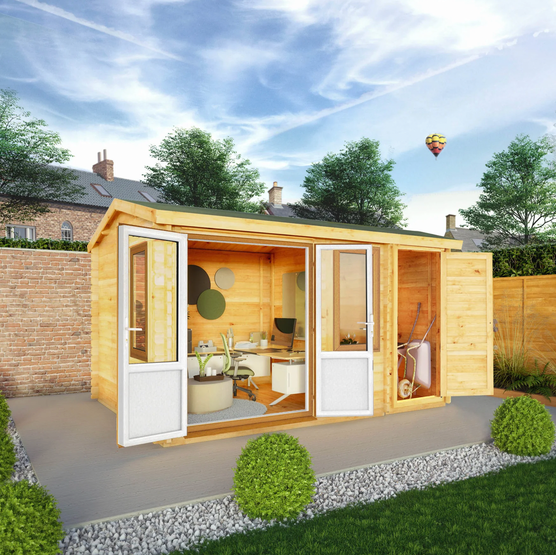 4.1m x 3m Home Office Elite With Side Shed - UPVC Oak - Ornate Outbuildings 