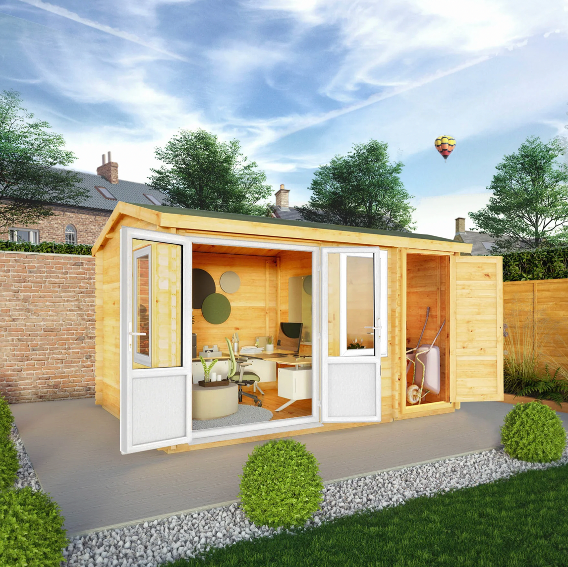 4.1m x 3m Home Office Elite With Side Shed - UPVC White - Ornate Outbuildings 