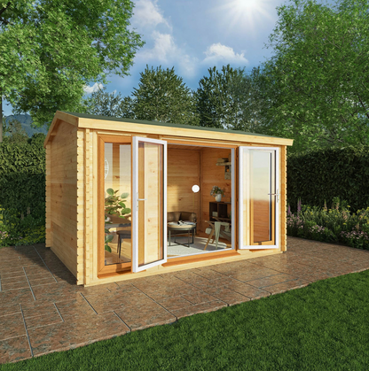 4m x 3m Home Office Studio Log Cabin - UPVC Oak - Ornate Outbuildings 