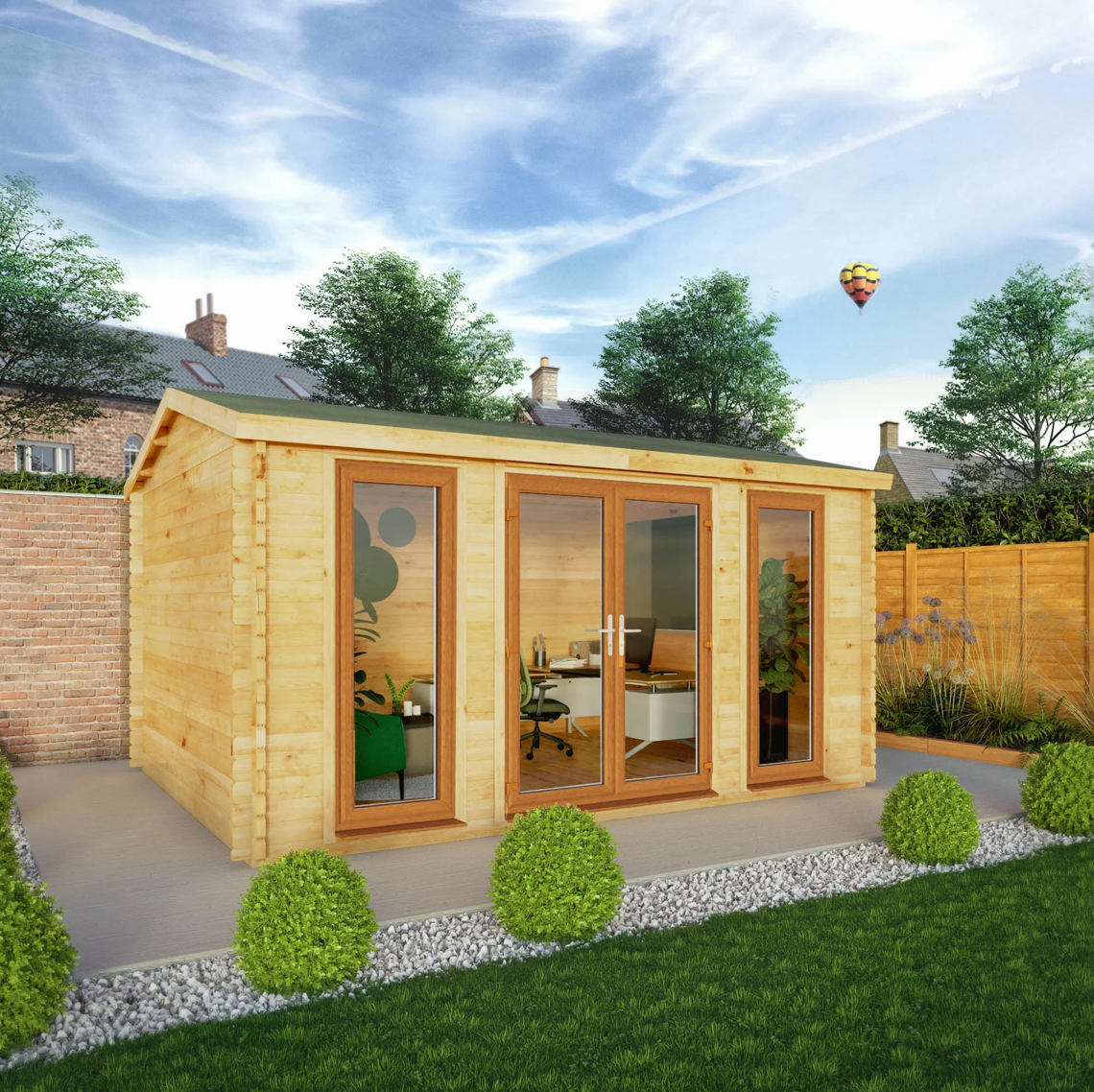 4.5m x 3.5m Home Office Studio Log Cabin - UPVC Oak - Ornate Outbuildings 