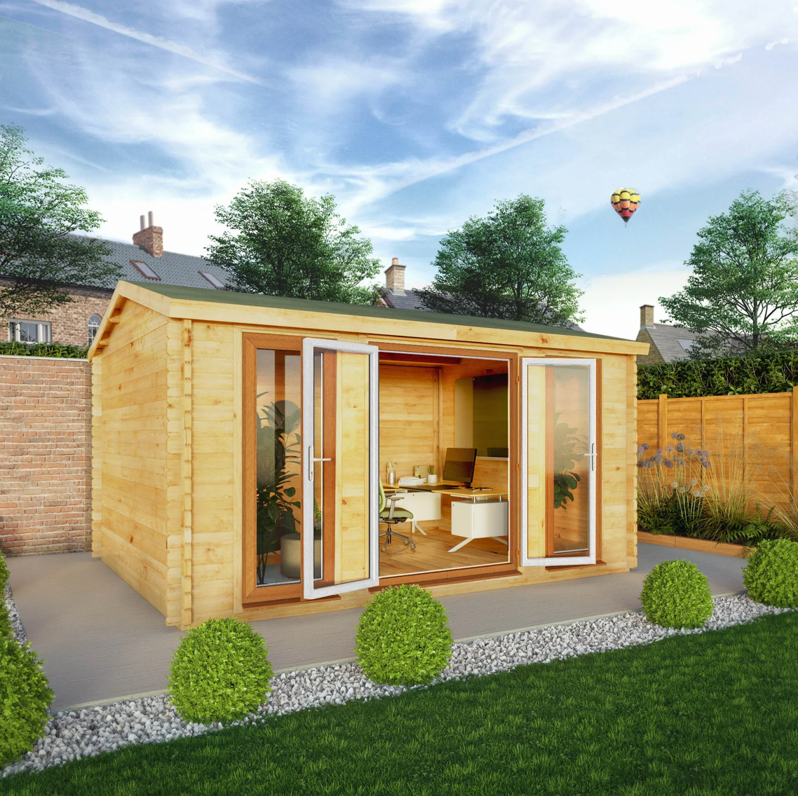 4.5m x 3.5m Home Office Studio Log Cabin - UPVC Oak - Ornate Outbuildings 