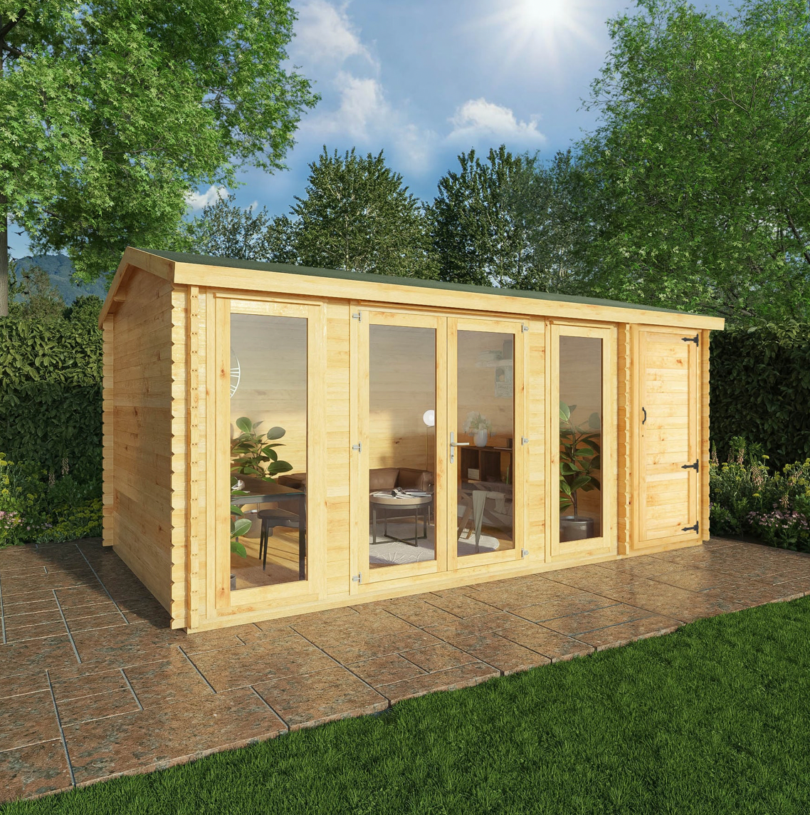 5.1m x 3m Home Office Studio Log Cabin with Side Shed - 44 mm - Ornate Outbuildings 