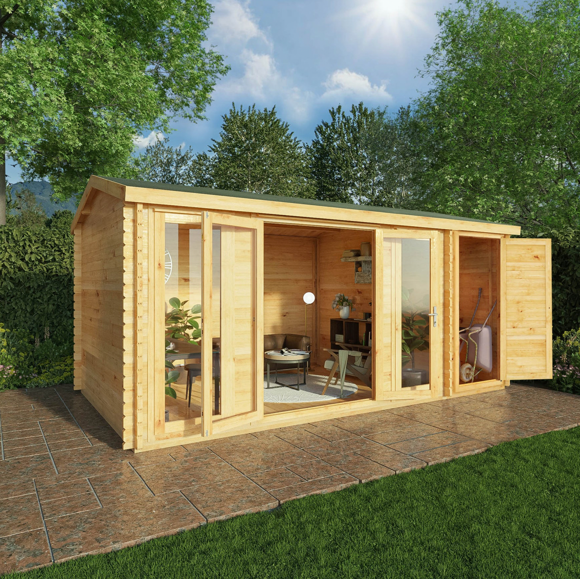 5.1m x 3m Home Office Studio Log Cabin with Side Shed - 44 mm - Ornate Outbuildings 