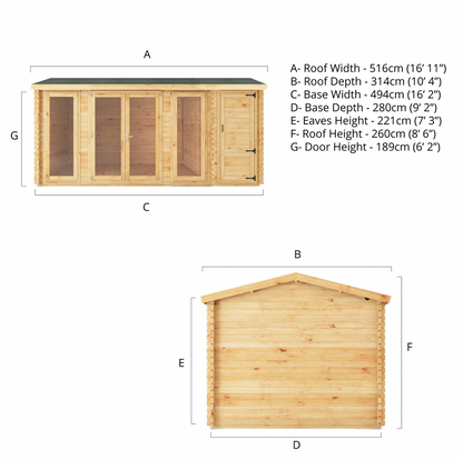 5.1m x 3m Home Office Studio Log Cabin with Side Shed - 44 mm - Ornate Outbuildings 