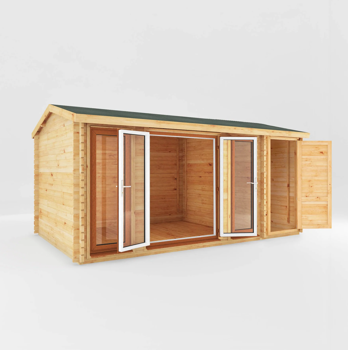 5.1m x 3m Home Office Studio Log Cabin with Side Shed - UPVC Oak - Ornate Outbuildings 