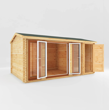 5.1m x 3m Home Office Studio Log Cabin with Side Shed - UPVC Oak - Ornate Outbuildings 