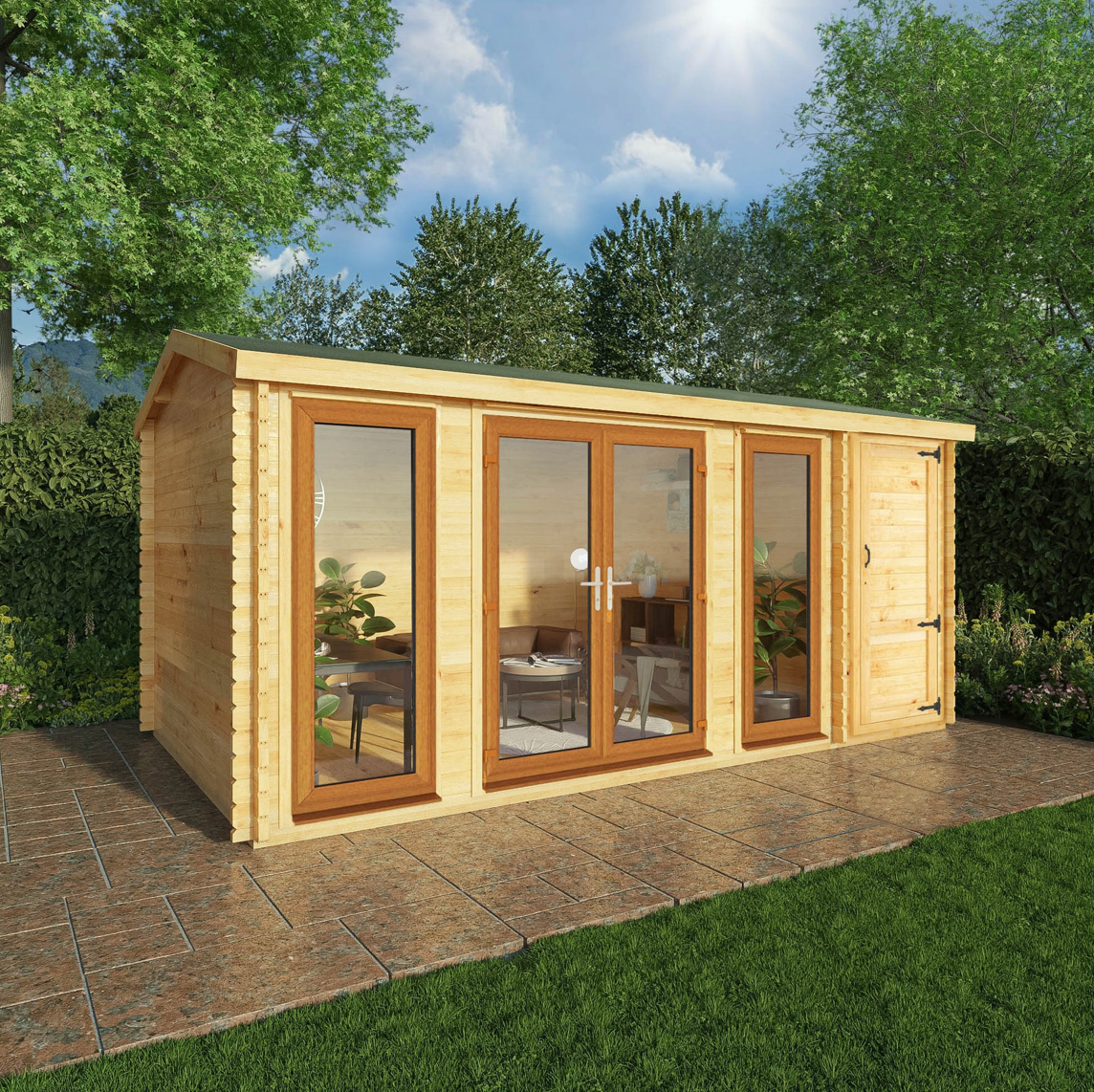 5.1m x 3m Home Office Studio Log Cabin with Side Shed - UPVC Oak - Ornate Outbuildings 
