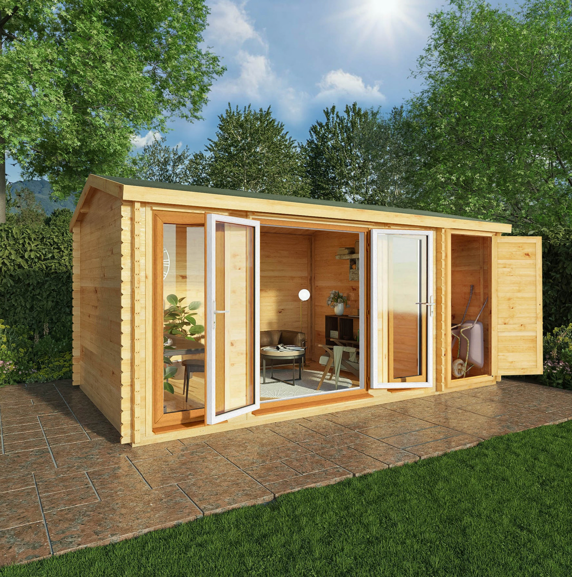 5.1m x 3m Home Office Studio Log Cabin with Side Shed - UPVC Oak - Ornate Outbuildings 