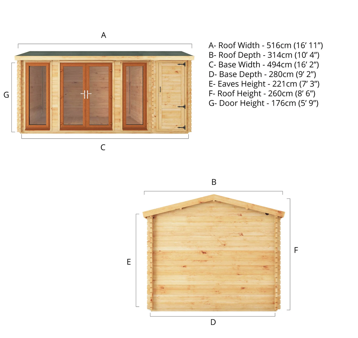 5.1m x 3m Home Office Studio Log Cabin with Side Shed - UPVC Oak - Ornate Outbuildings 