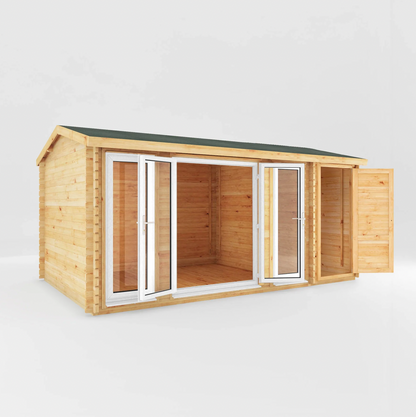 5.1m x 3m Home Office Studio Log Cabin with Side Shed - UPVC White - Ornate Outbuildings 