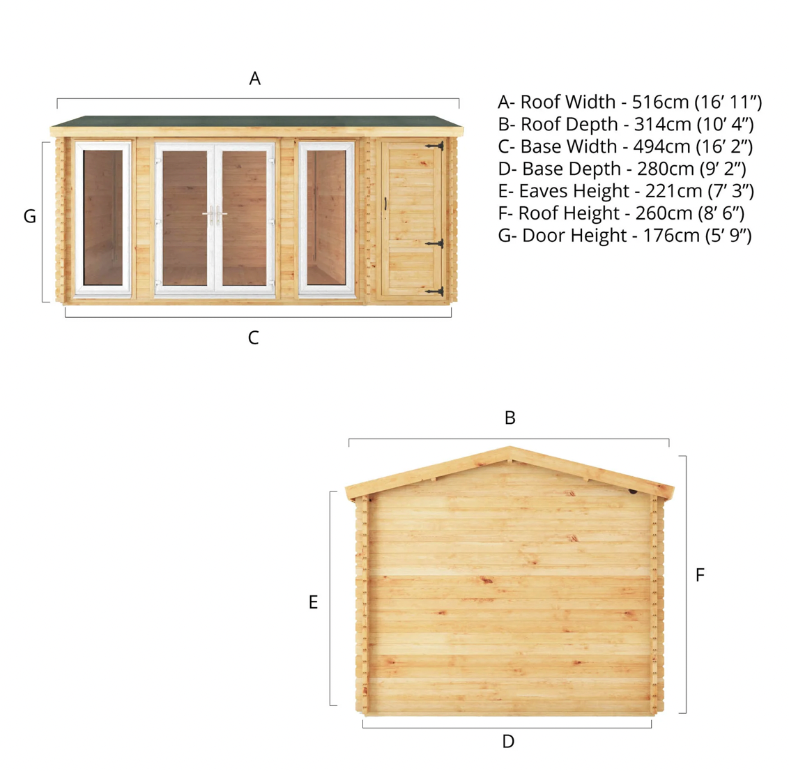 5.1m x 3m Home Office Studio Log Cabin with Side Shed - UPVC White - Ornate Outbuildings 
