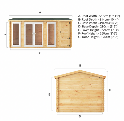 5.1m x 3m Home Office Studio Log Cabin with Side Shed - UPVC White - Ornate Outbuildings 