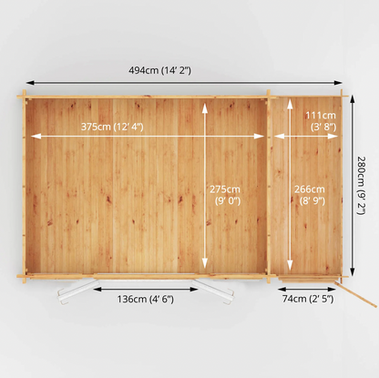 5.1m x 3m Home Office Studio Log Cabin with Side Shed - UPVC White - Ornate Outbuildings 